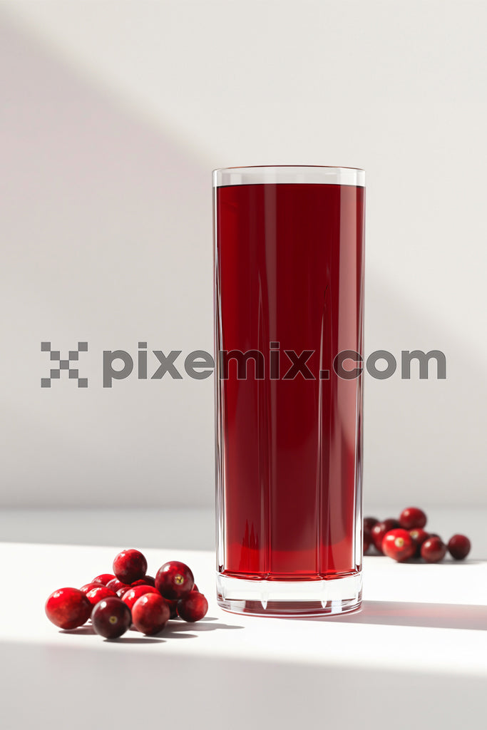 Glass of berry juice and slices of berry fruit on white background image.