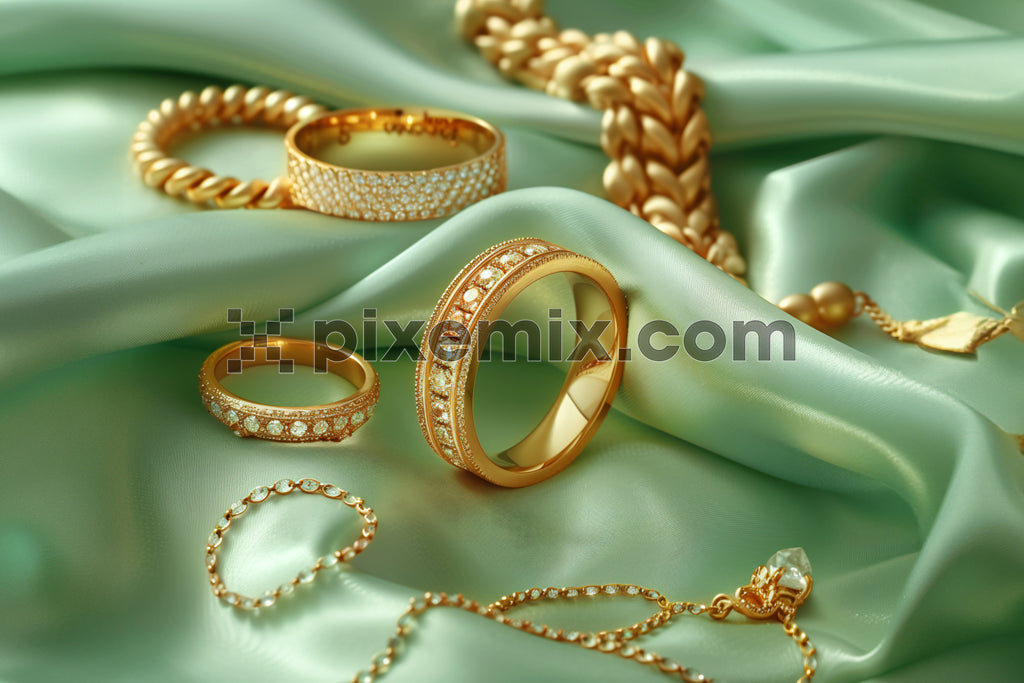 Indian traditional wedding jewellery,on green soft silk fabric.