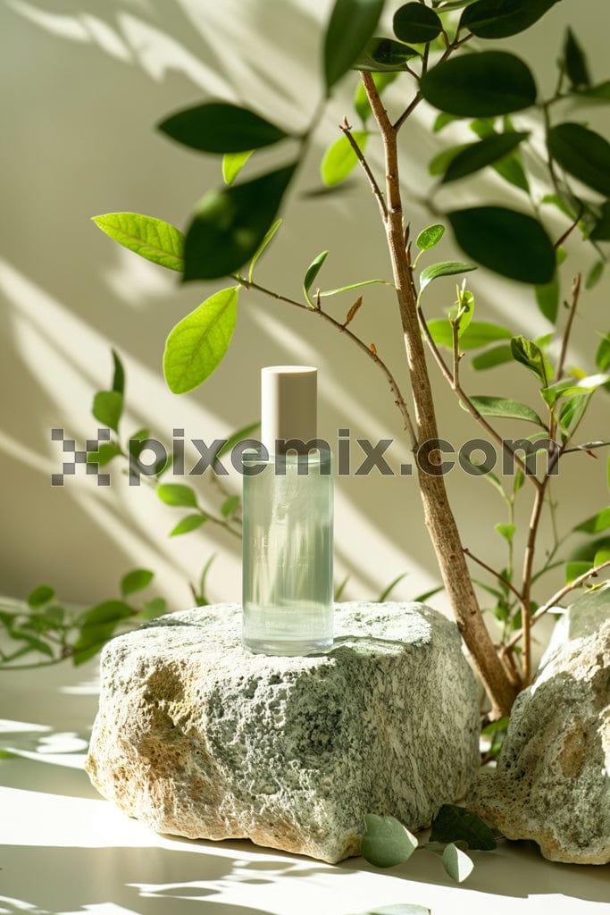 Bottle of perfume on stone with tropical background image.