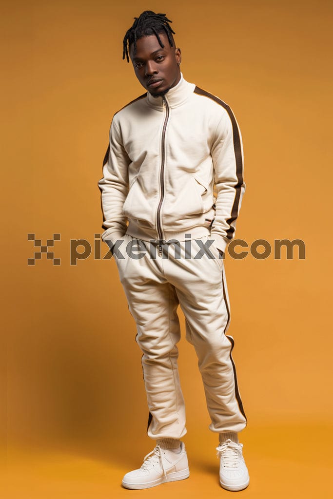 Full length of young black man with high fashion standing in front of solid background image.