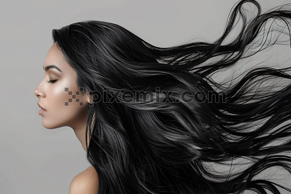 Fashion model girl portrait with long black hair on white background image.