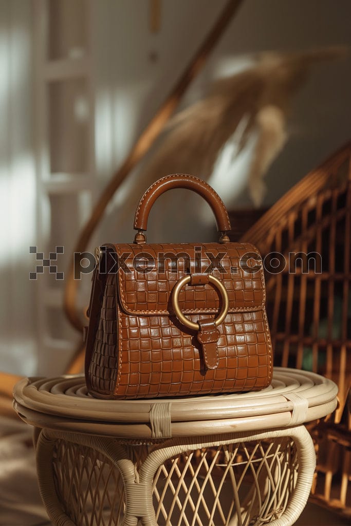 Luxury leather woman handbag on wooden table image.