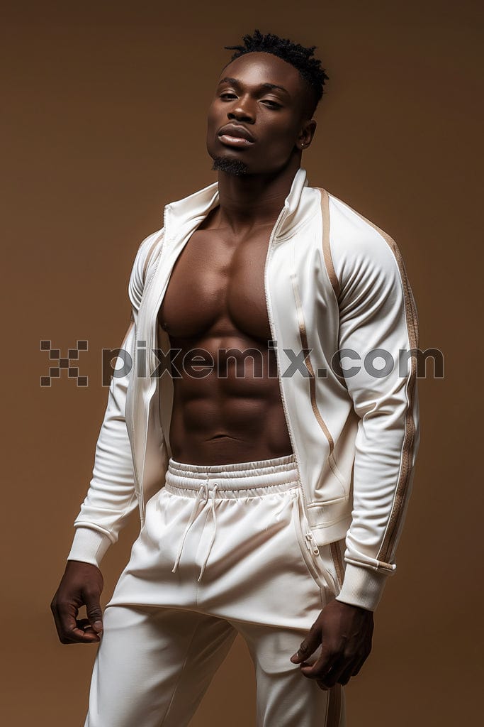 Handsome muscle black man wearing white jacket on beige jacket image.