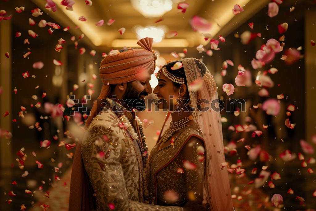 Indian groom dressed in Sherwani and pink hat with stunning lehenga stand and hold each hands on flower image.