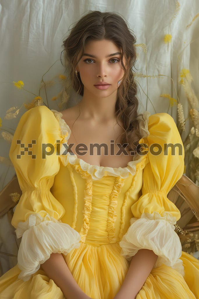 High fashion model girl portrait with yellow dress on background image.