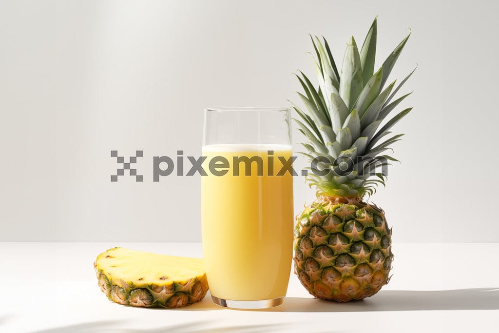 Glass of pineapple juice and slices of pineapple fruit on white background image.