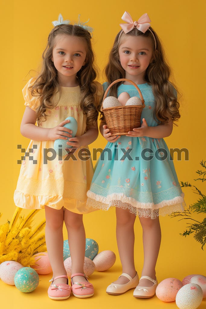 Two kids girl standing on yellow background image.