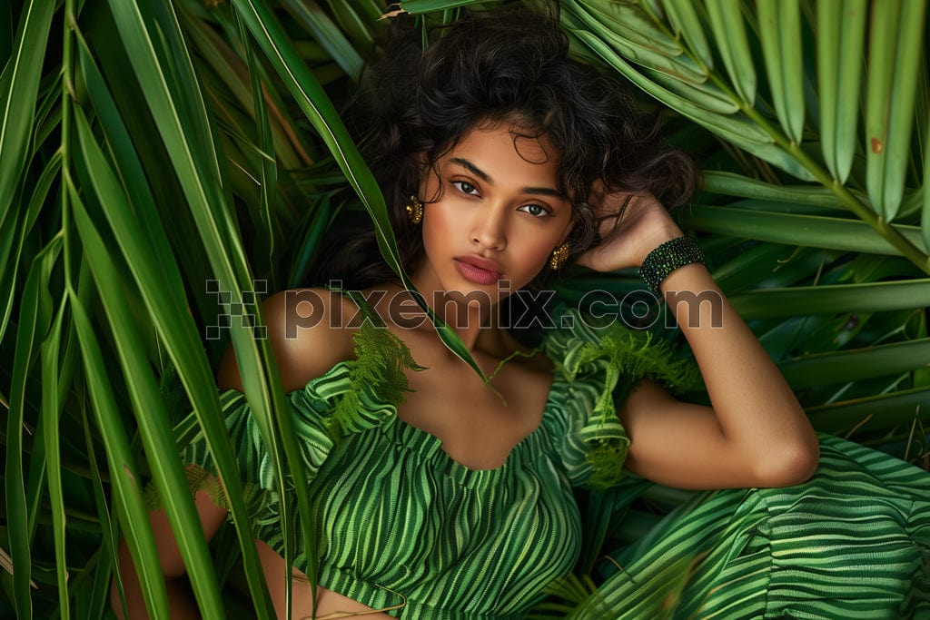 Beautiful young woman model with in palm leaves image.