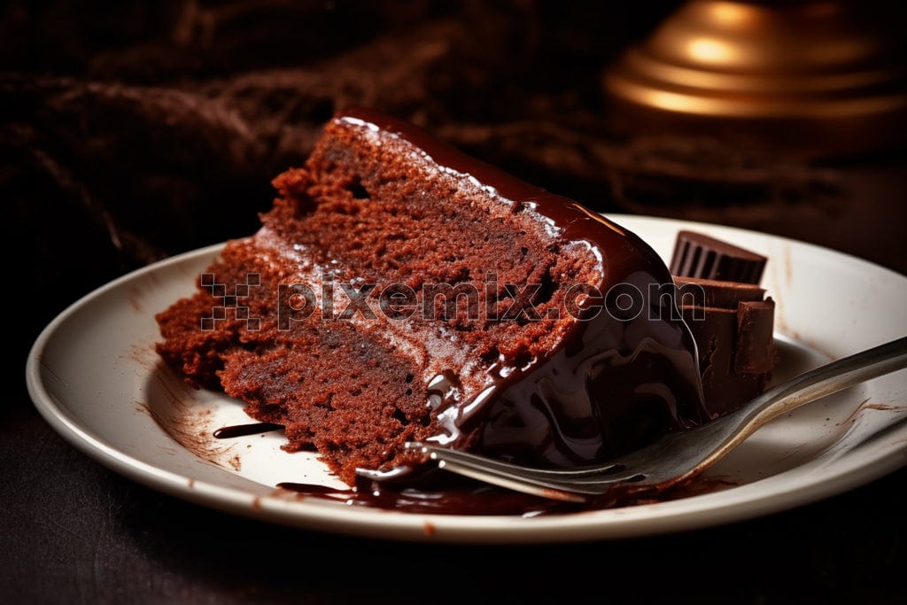 Delicious chocolate cake on whirte plate on table image.