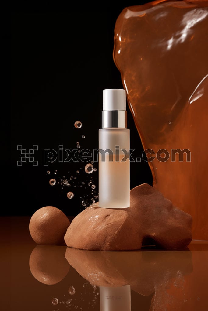 Face serum in a glass bottle on stone and tropical background image.