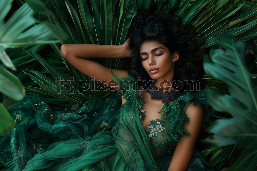 Fashion woman lying down on tropical leaf image.