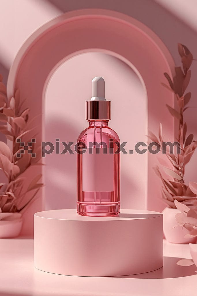 Mock-up of glass dropper bottle standing on pink podium image.