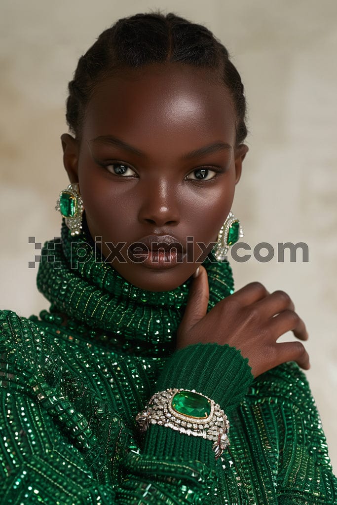 Portrait of pretty dark skin girl with wearing diamound jewellery image.