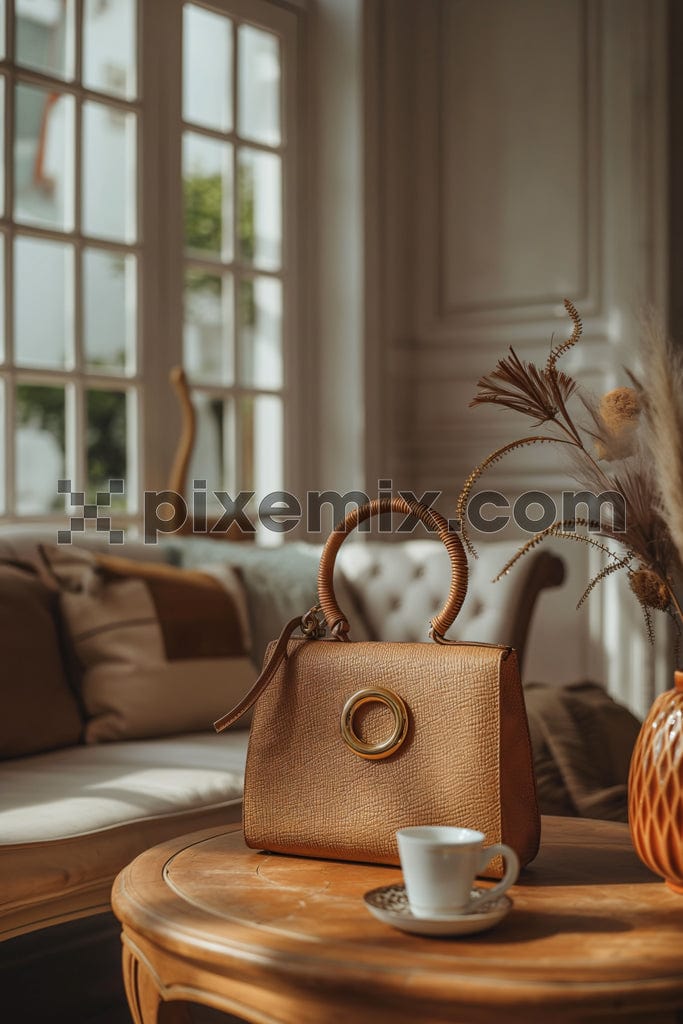 Luxury leather woman on wooden table image