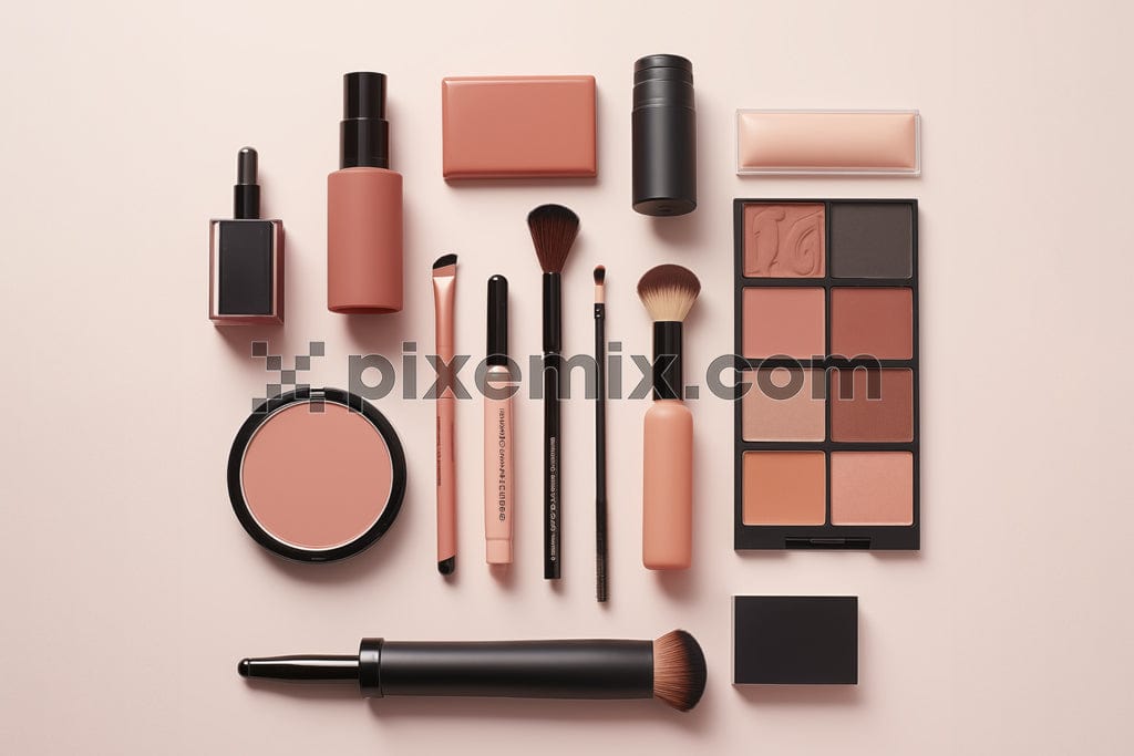Flat lay composition with products for decorative makeup on pastel background.