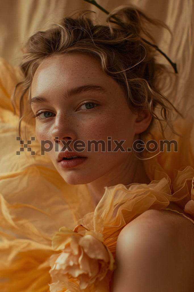 High fashion model girl portrait with party look on background image.