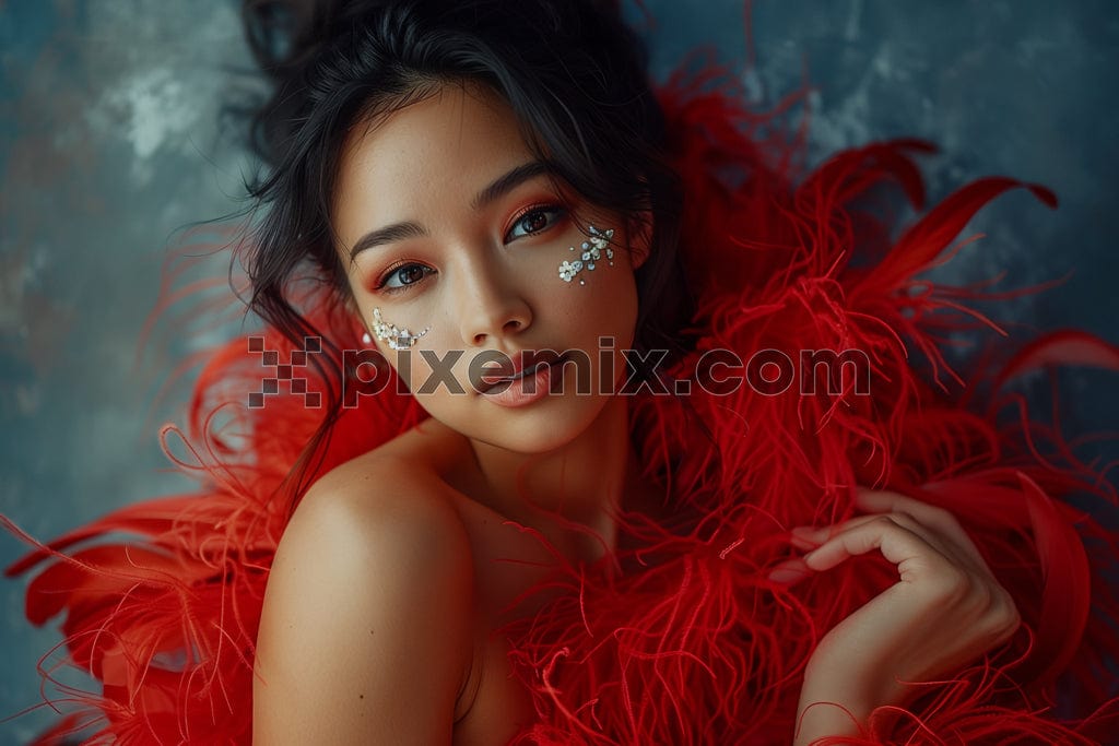 Stylish female model in posing with red party dress image.
