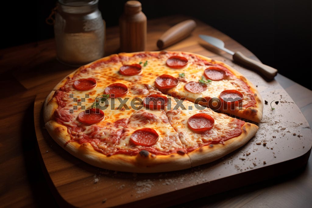 Pizza Margherita on wooden table image.