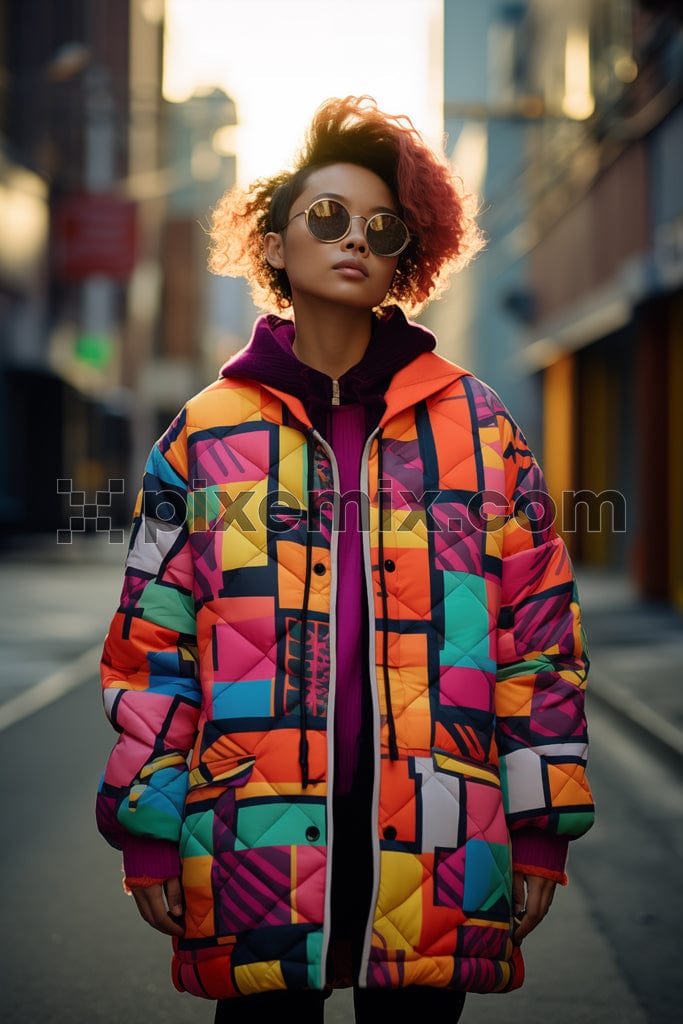 Portrait of beautiful woman model in abstract jacket on street image.