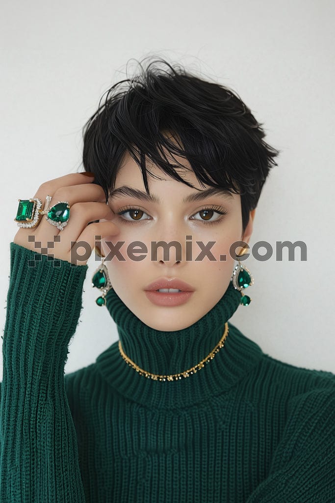 Portrait of a beautiful young woman with gold and green gemstones with crystals and gems jewellery.