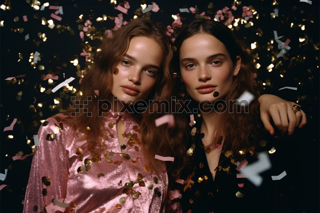 Portrait of two young beautiful girls with confetti image.