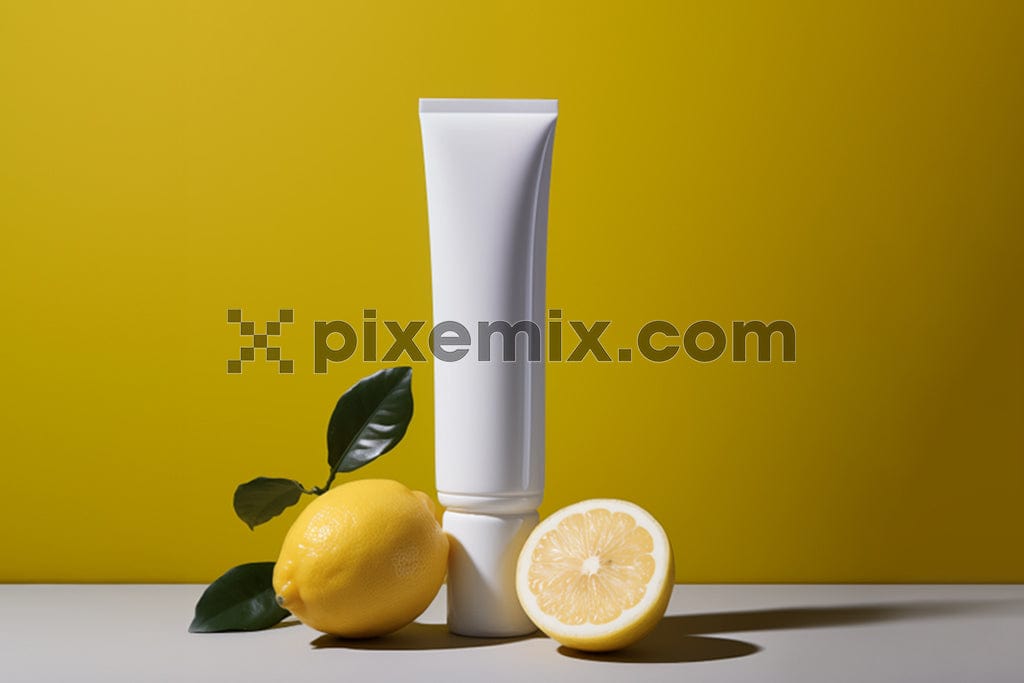 Cosmetic lotion bottle cream packaging product on yellow decor background with lemon image.