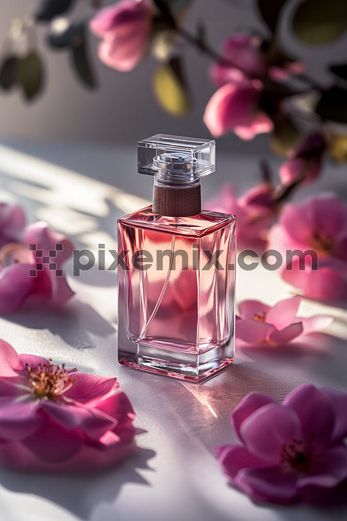 Perfume bottle with flower background image.