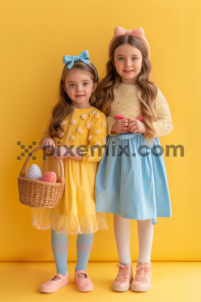 Two kids girls in winter clothes and holding basket with colorful easter eggs image.