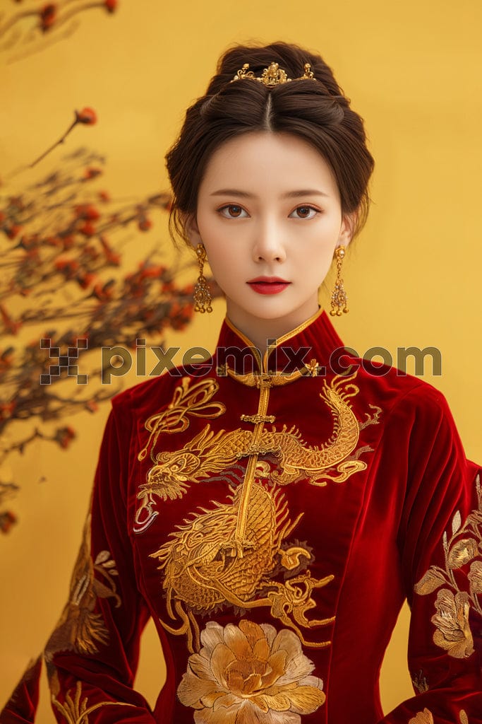 Beautiful Asian woman with clean fresh skin wearing traditional Chinese dress image.