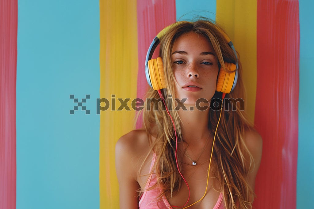 Fashion pretty cool girl in headphones listening to music on colorful stripe image.