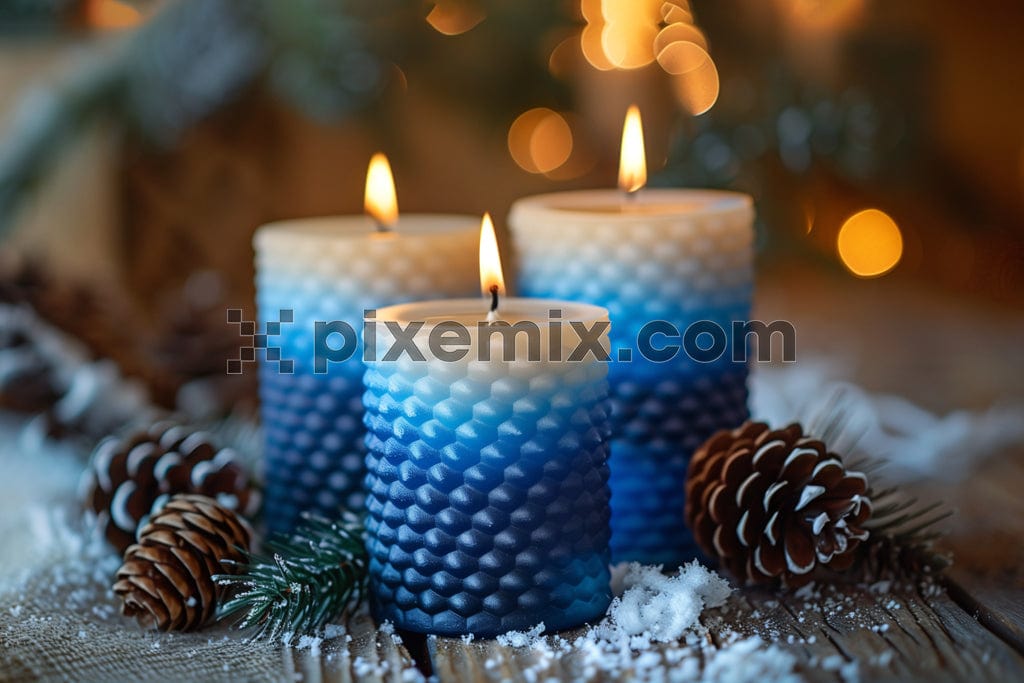 Different wax candles with christmas ornament image. 