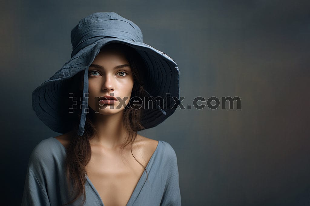 Stylish young woman posing in round hat image.