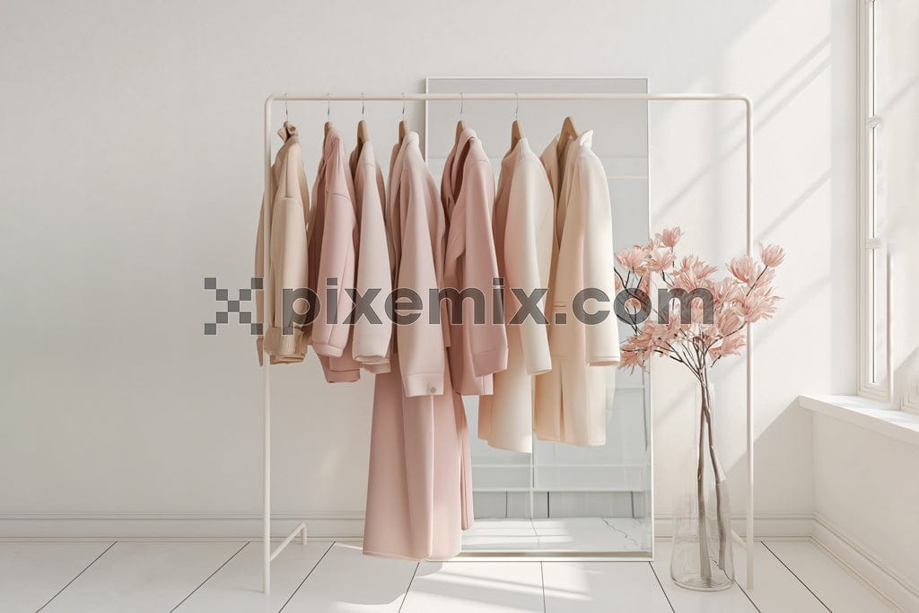Rack with stylish women's clothes and mirror indoors image.