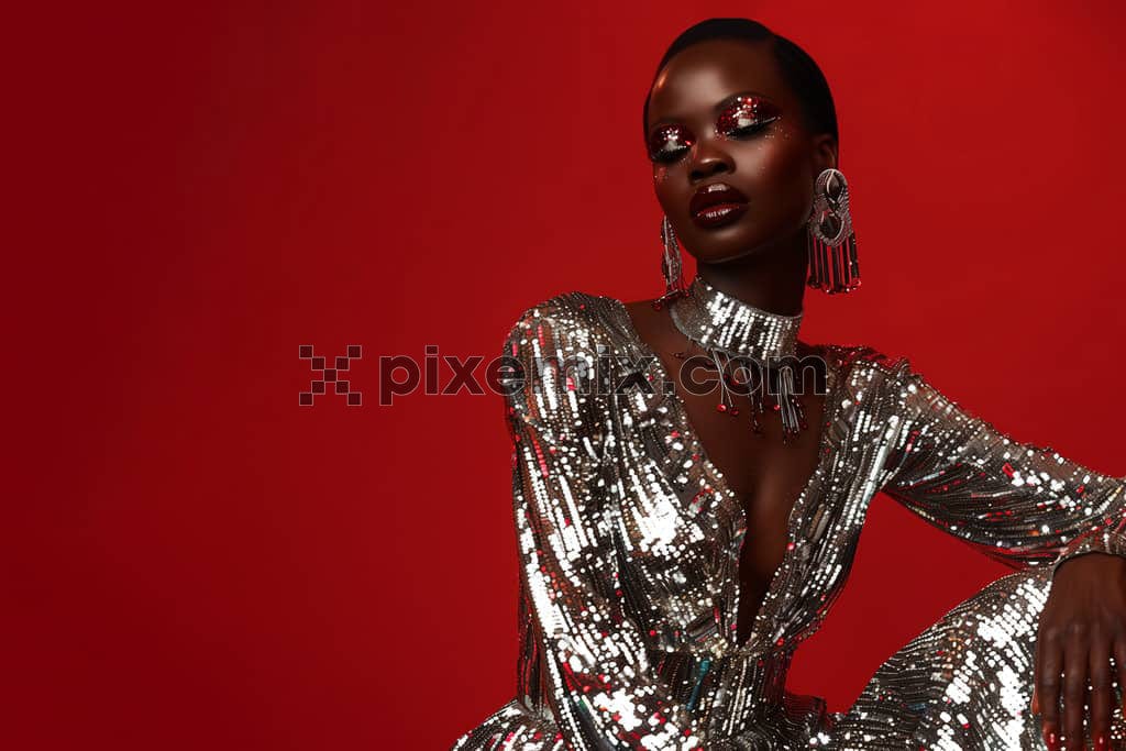 Beautiful african female model wearing stylish Party Sequin Cocktail Gown on red background image.