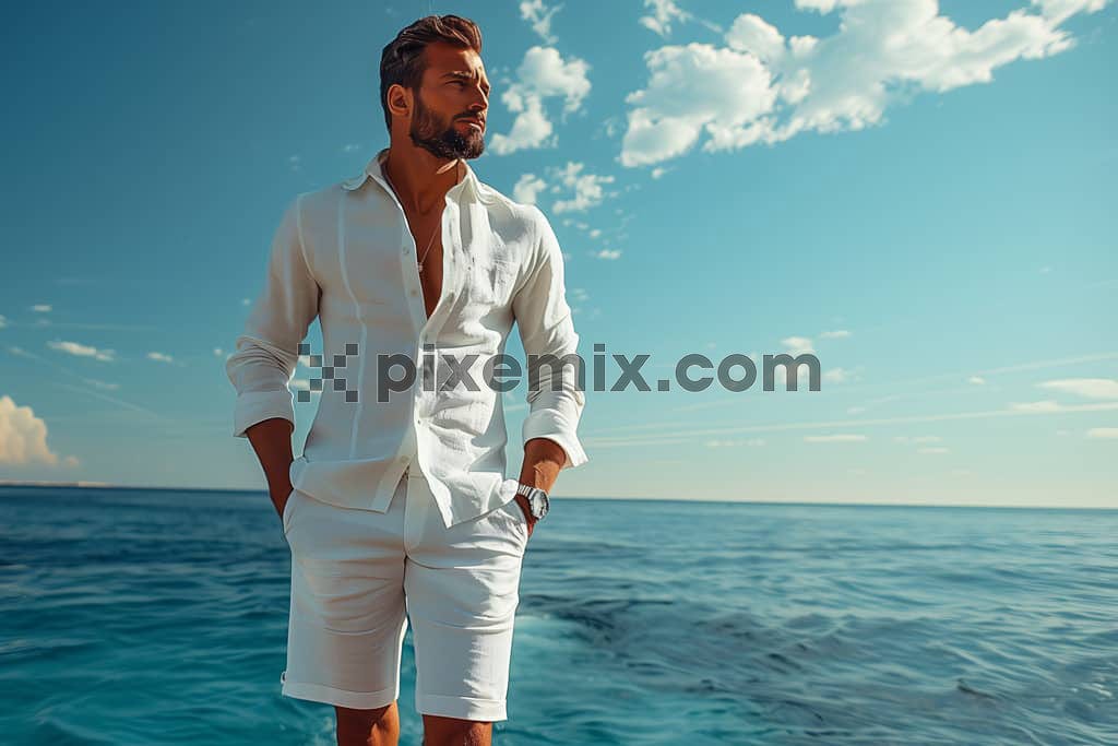Handsome man in summer outfit on the beach image.