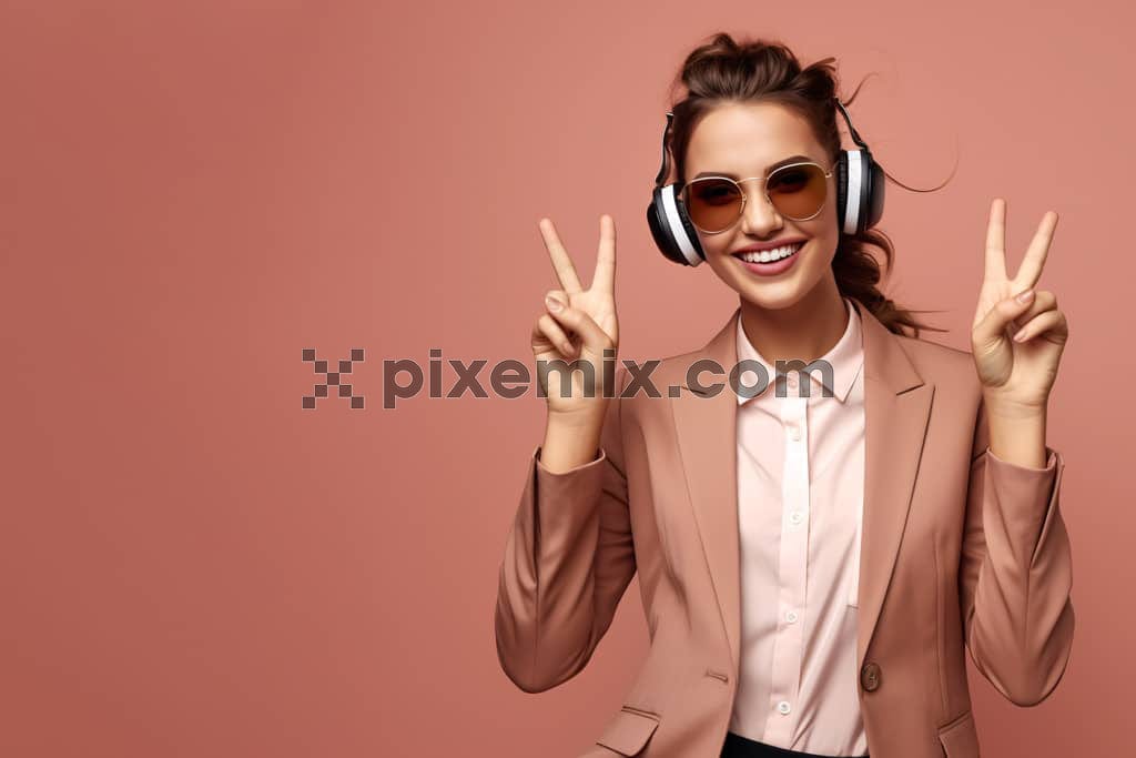 Pretty cool businesswoman having fun and listens to music in the headphones image.