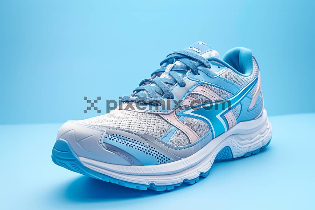 Blue and white sneaker on blue background image.
