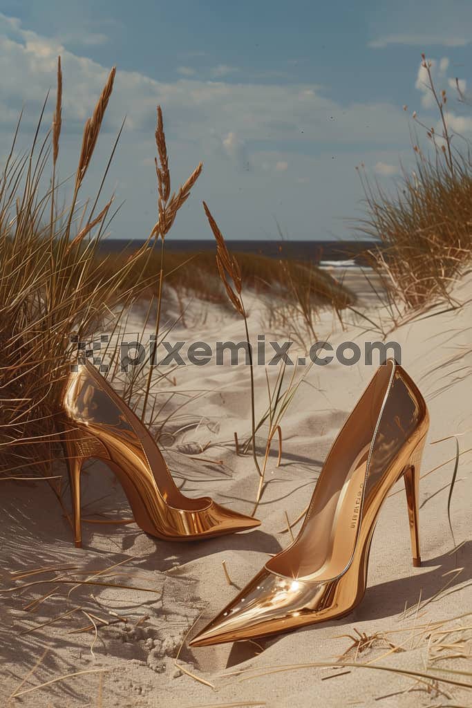Gold high heel shoes on sand image.