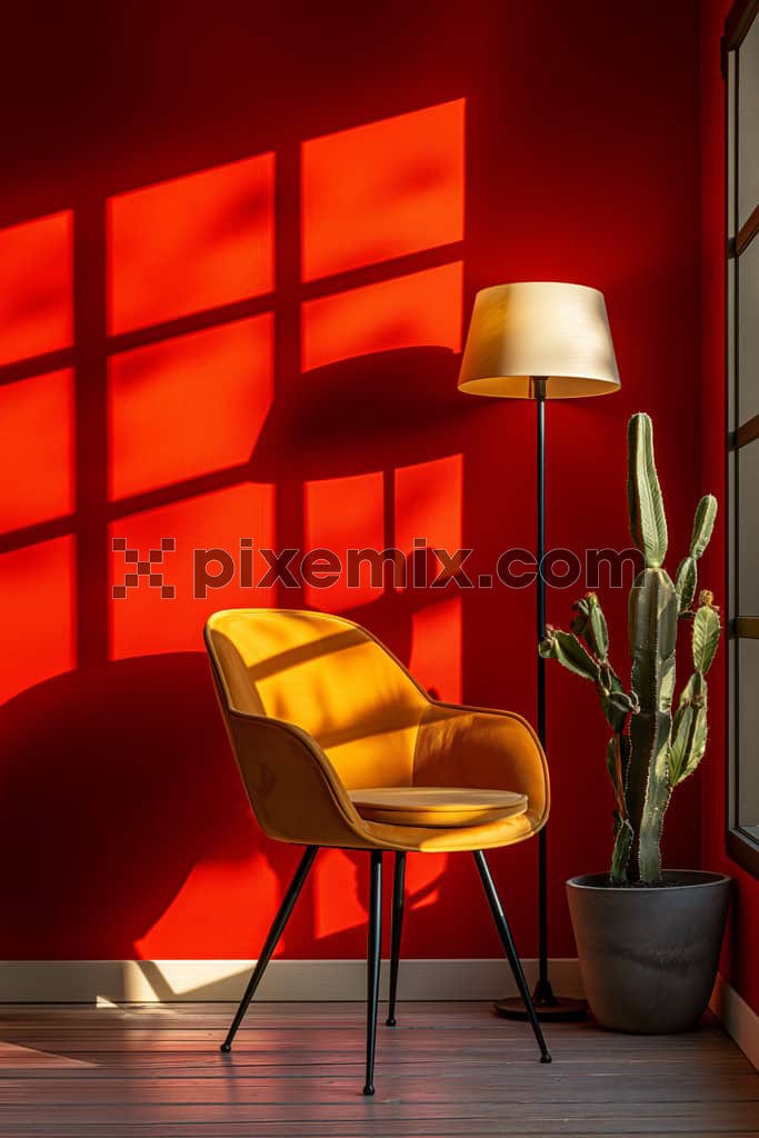 Interior of red room with a stylish aramchair and floor lamps image. 