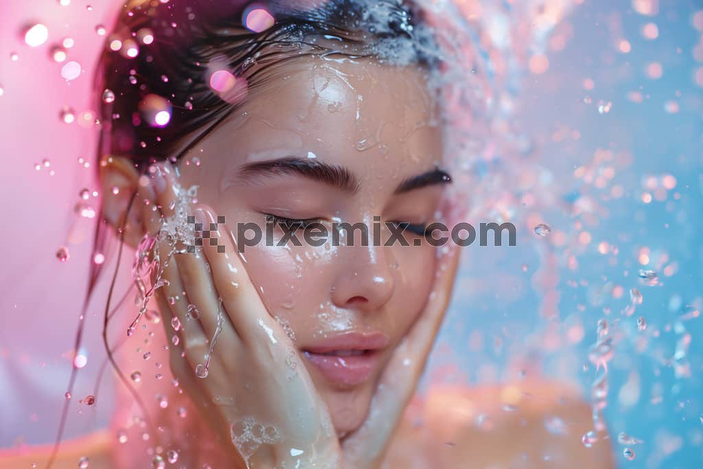 Young woman washing face image.