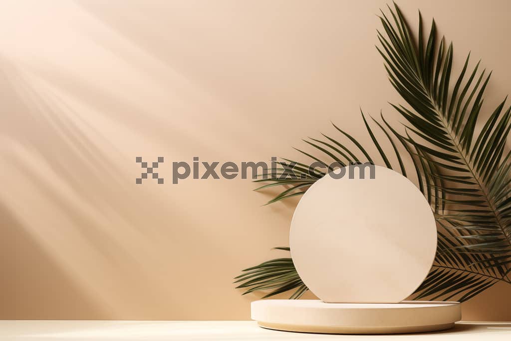 Luxurious empty product podium and forest green leaves on beige background.