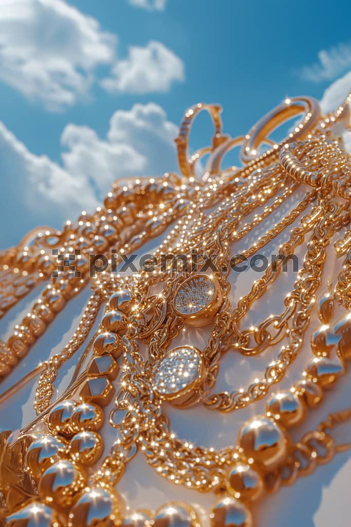Close-up of siny gold jewelery on sky background image.