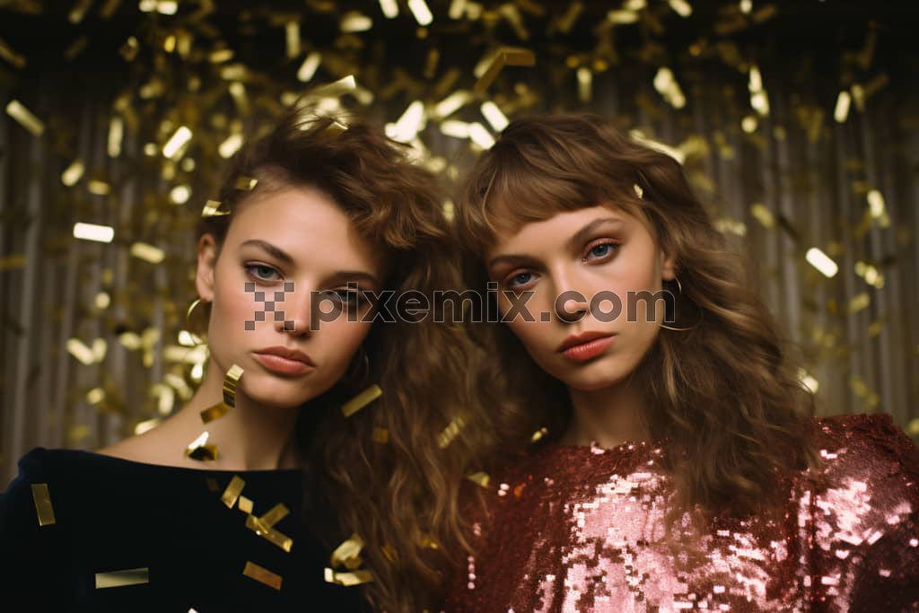 Portrait of two beautiful girl standing under confetti image.