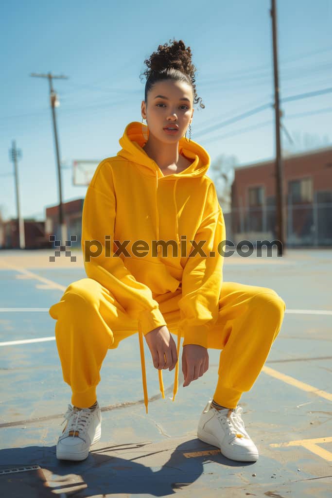 Fashionable woman wearing trendy yellow sport chic style outfit posing in stree image.