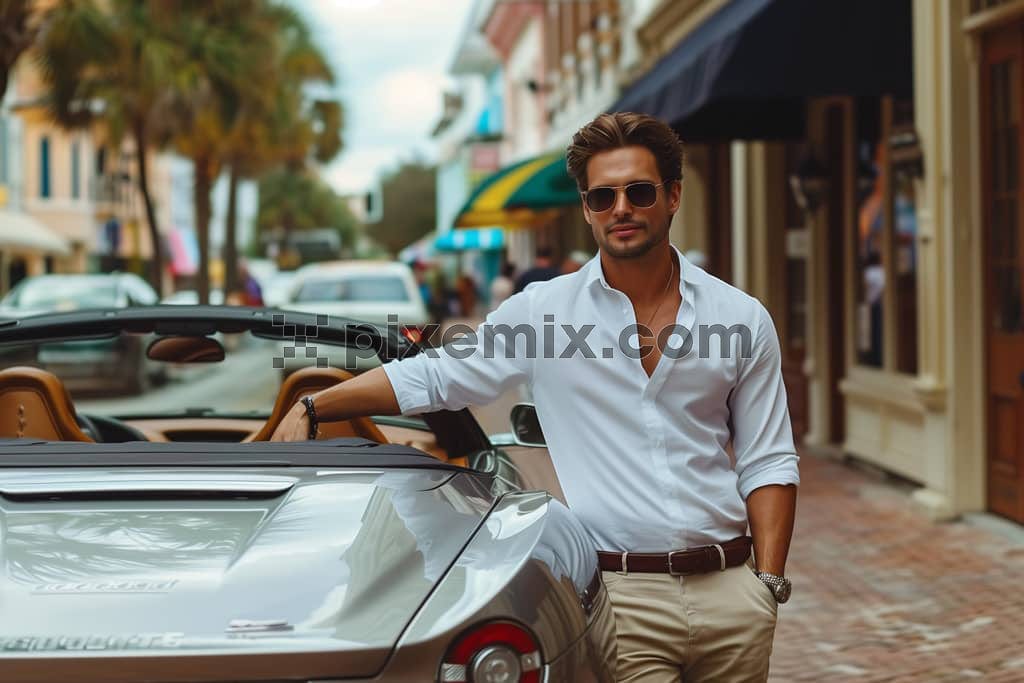 Portrait of handsome businesslike man wearing white shirt standing near his luxury car image.
