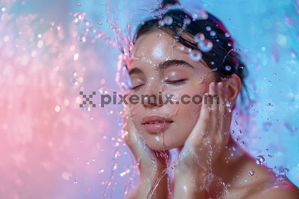A young woman washing face image.