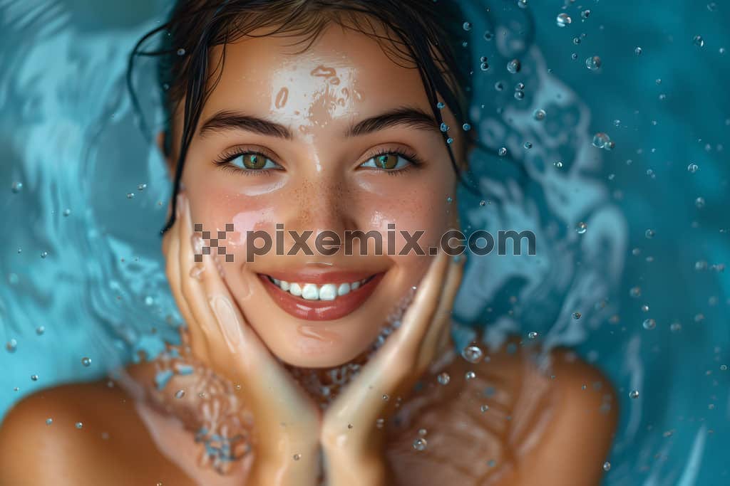 Beautiful portrait of a women in a swimming pool looking at the camera from a top angle.