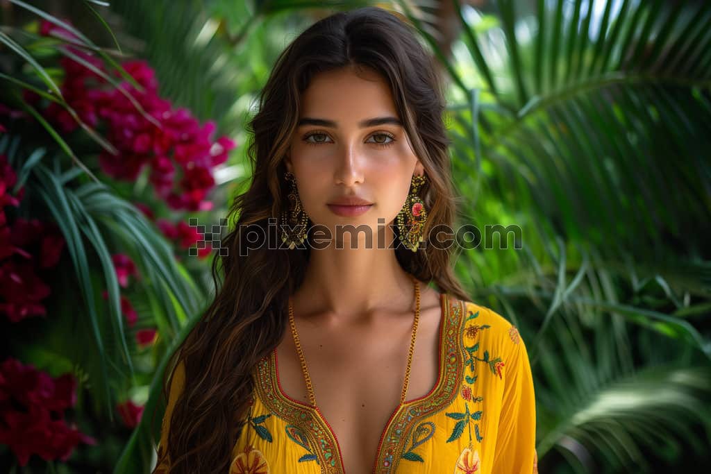 The image shows a woman in a yellow dress poses amidst greenery, exuding boho allure.