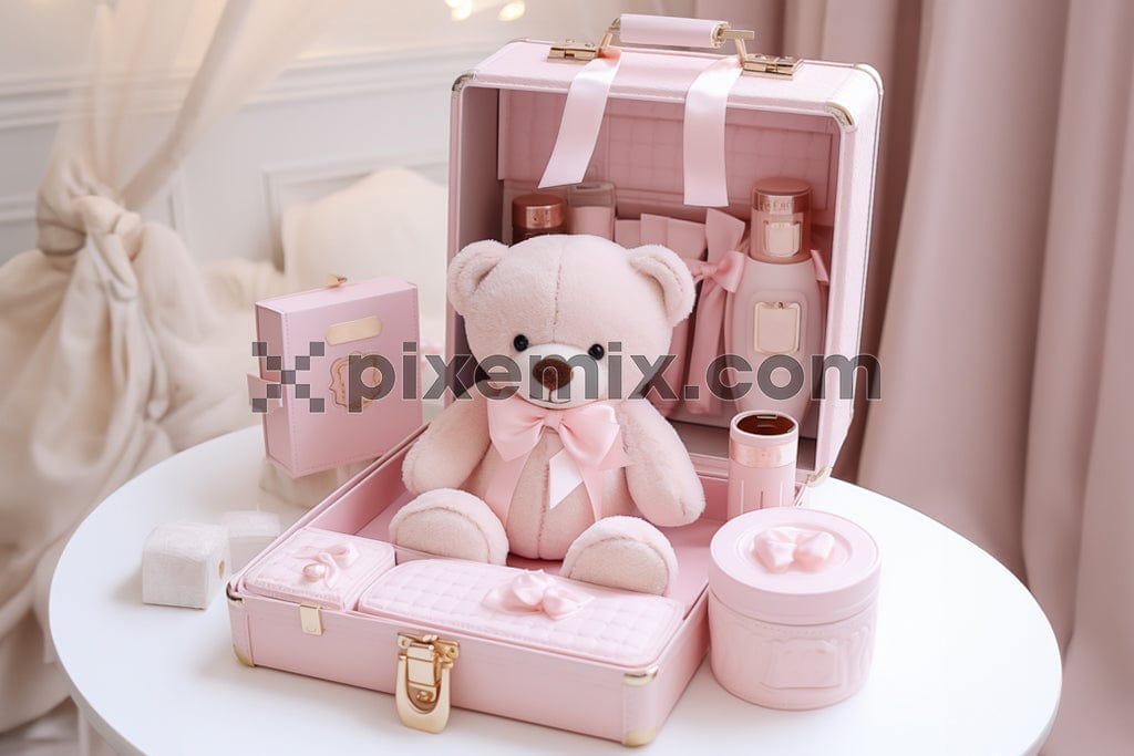 The image shows a charming pink teddy gift box for a baby girl.