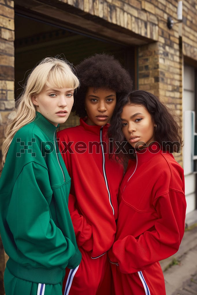 The image shows the three models in colorful tracksuits stand on a London street.